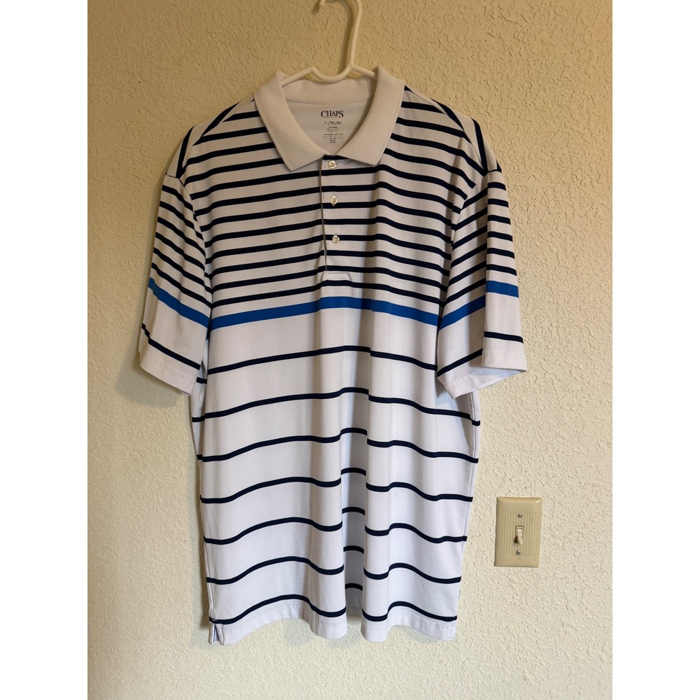 Chaps Mens XL Striped Short Sleeve Polo Shirt White Navy Blue Golf Preppy